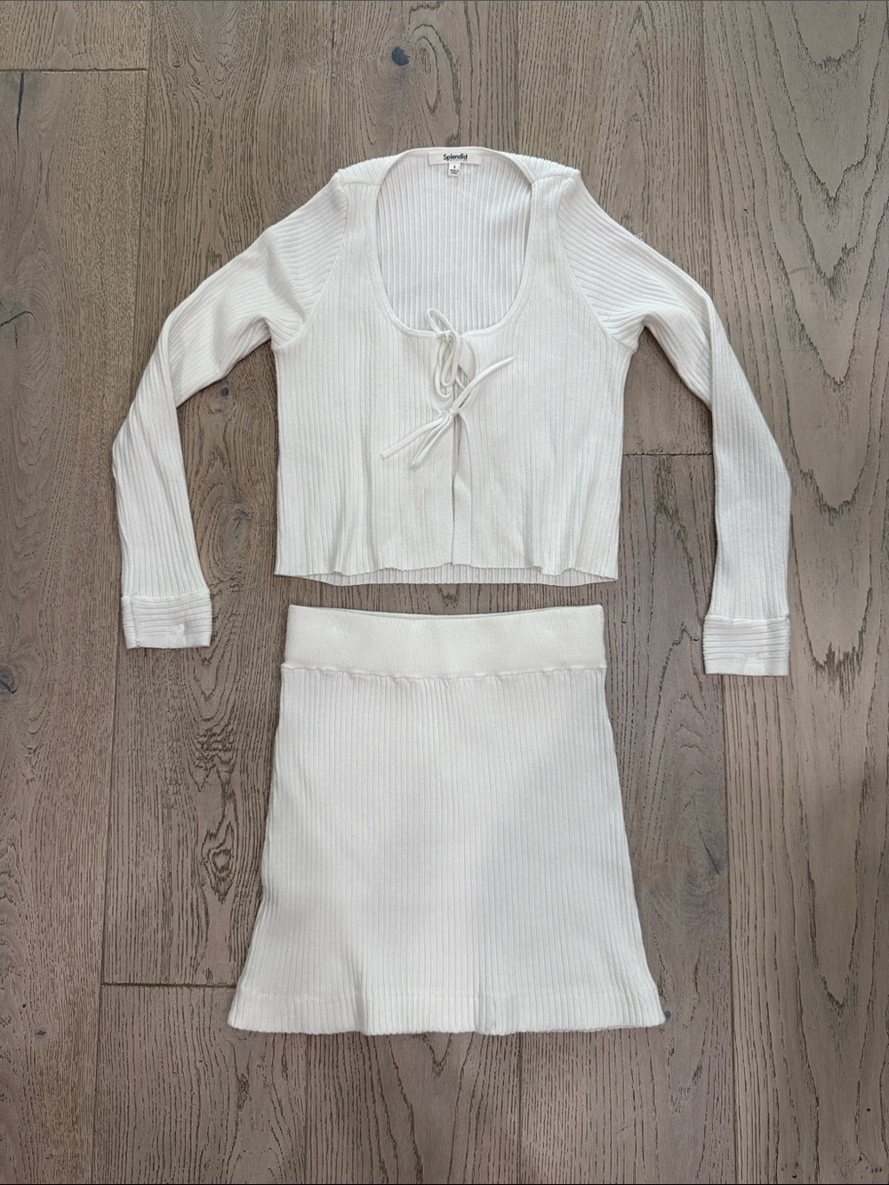 Cream Ribbed Knit Mini Skirt and Top